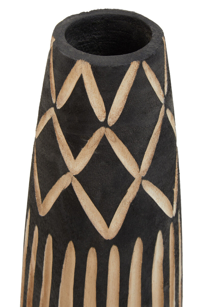 close up details of the neck and diamond shaped carvings on a black wooden vase