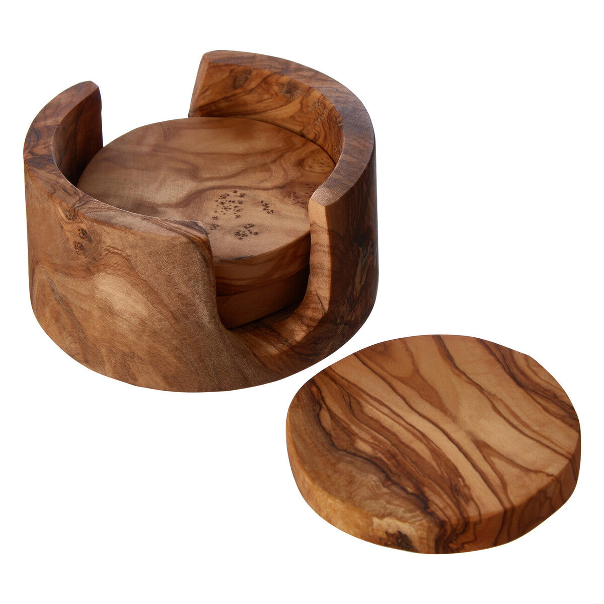 Four round wooden coasters within a wooden holder