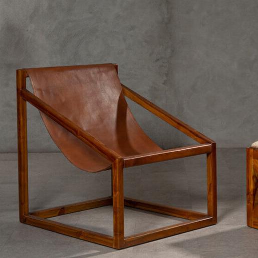 brown leather and wood accent chair