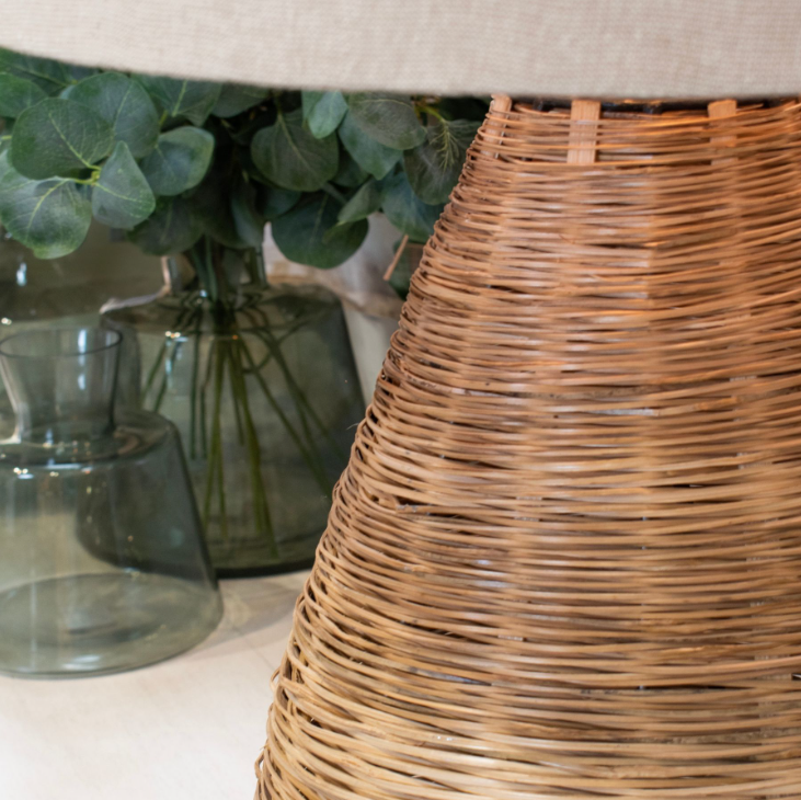 close up shot of the base of a natural wicker table lamp