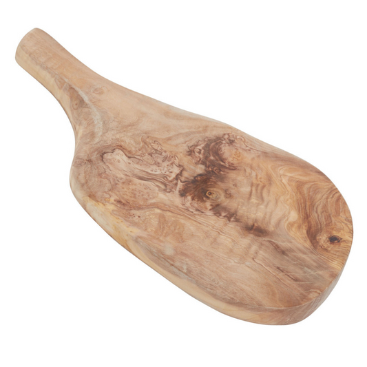 A natural wooden chopping board with integrated handle on a plain white background