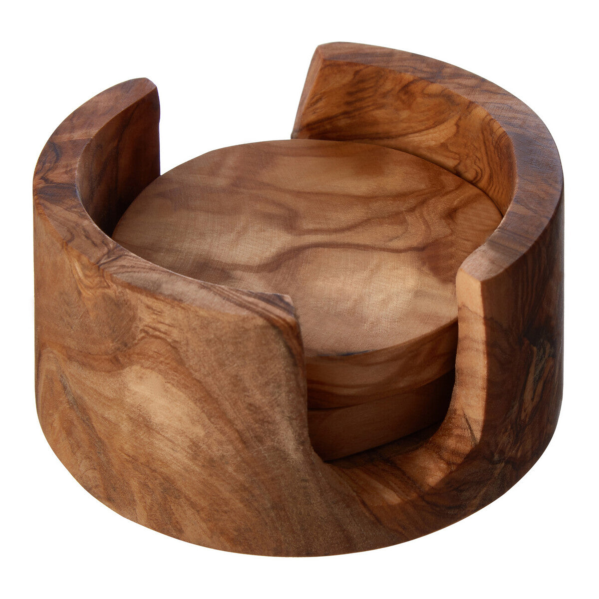 Three round wooden coasters within a wooden holder