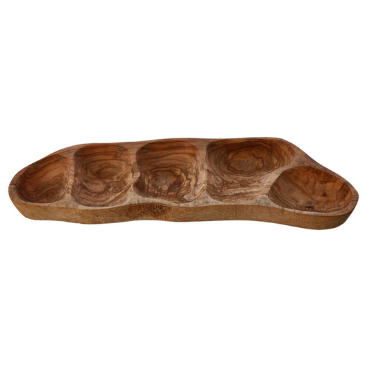 A natural wooden snack dish with 5 compartments, on a plain white background