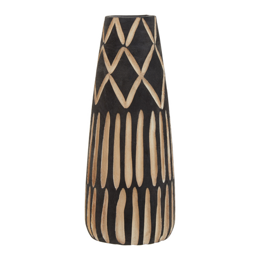 A black wooden vase on a plain white background. The vase has lighter coloured carved details