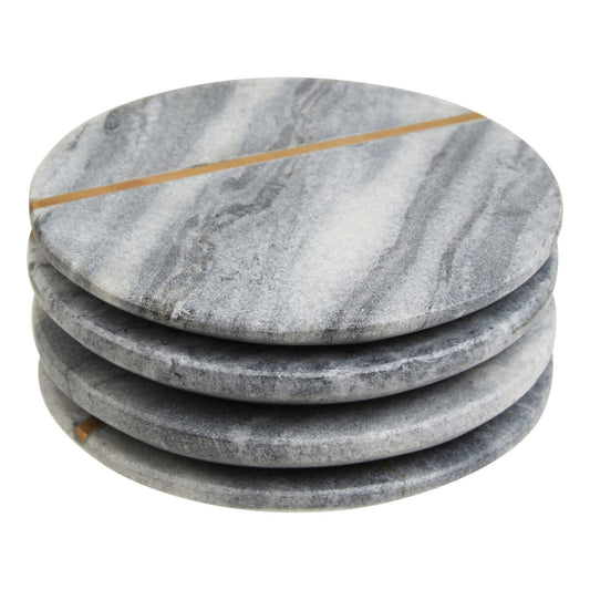 Four round, grey marble coasters in a stack, on a plain white background