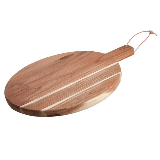 A round wooden chopping board on a plain white background. 