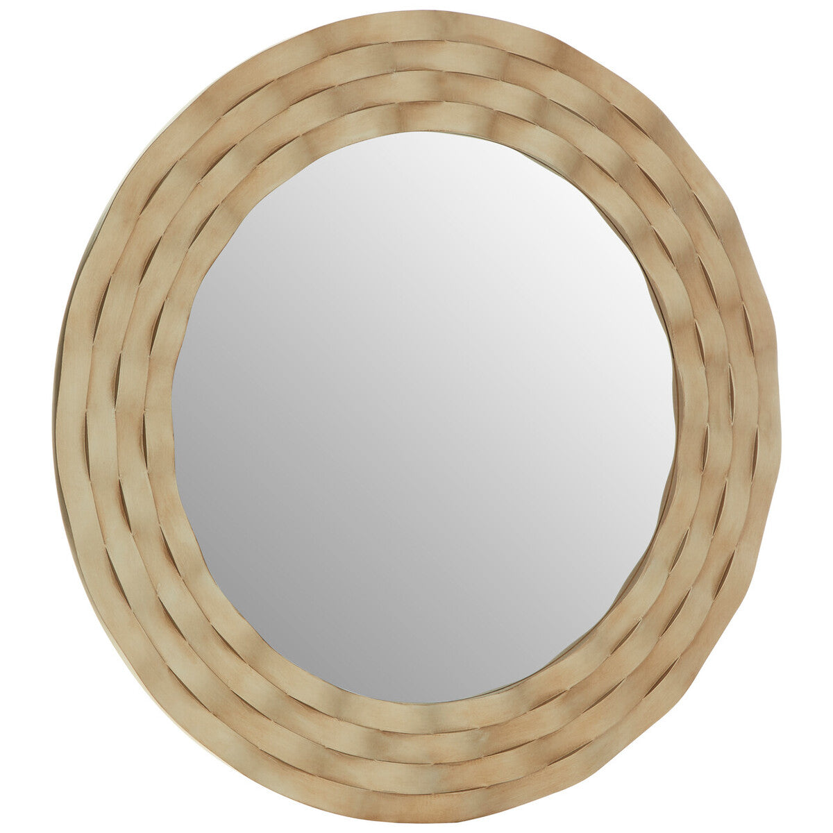 A round wall mirror with undulating wooden circles for the frame