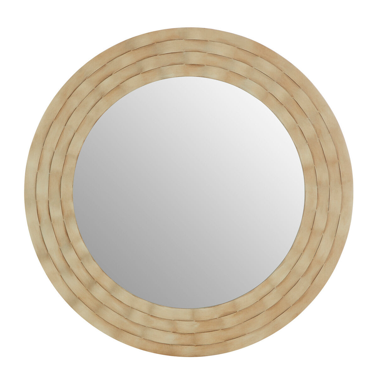 A round wall mirror with undulating wooden circles for the frame